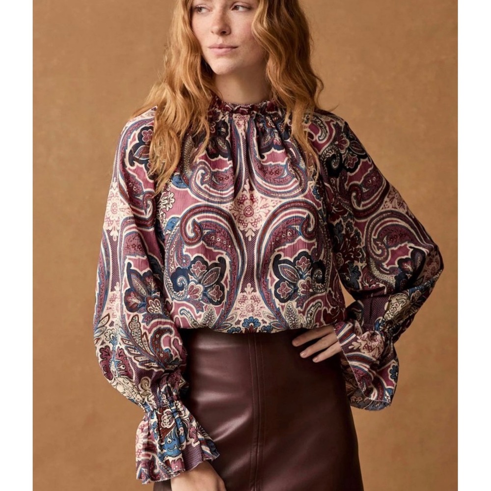 Next Womens Paisley Print High Neck Ruffle Cuff Blouse US 10 - Picture 2 of 10